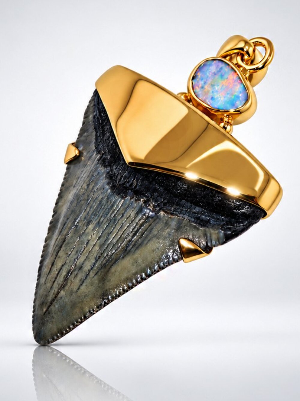 Megalodon Shark Tooth Pendant with 24 Karat Gold over 925 Silver Cap and opal
